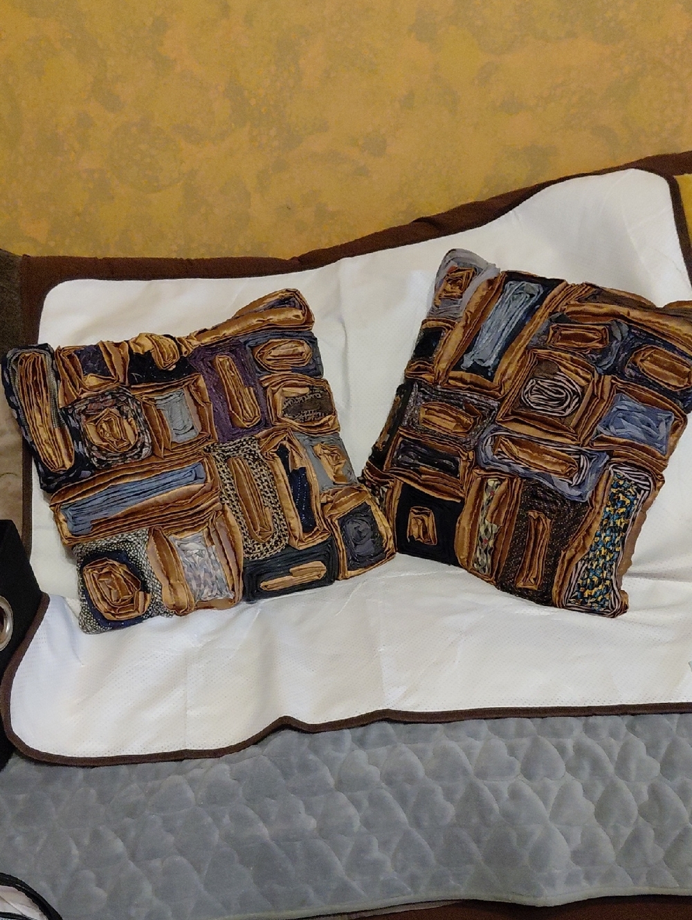 Textured Brown and Blue Geometric Accent Pillow Pair